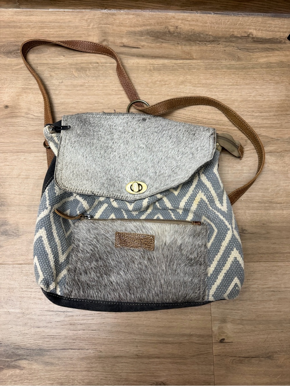 Myra Bag Gray and Brown Patterned Backpack with Haircalf Accents